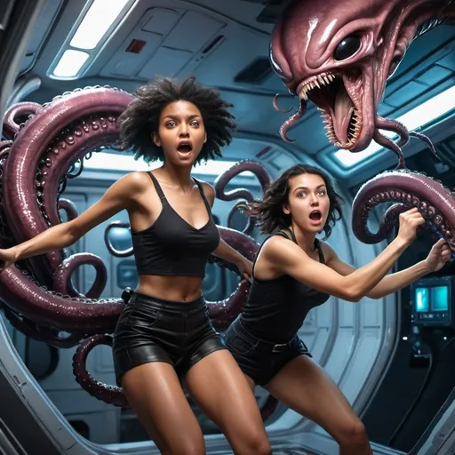 Prompt: young women fighting black alien tentacles on spaceship