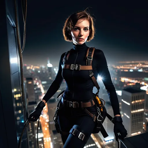 Prompt: A slender young woman with short brown hair and high cheekbonesis climbing a skyscraper at night, wearing a black body suit, utility belt with thief tools, and a climbing harness. She is a notorious sneak thief. Detailed textures on her suit and harness, with subtle glow on her utility belt. City lights shining in the background. High contrast, cinematic lighting, 8k resolution, highly detailed, atmospheric, mystical, high-tech gadgetry, intricate details