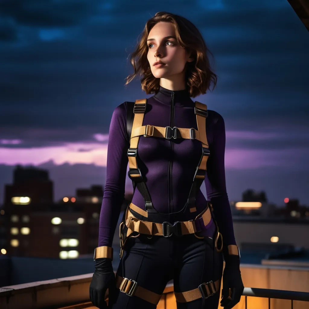 Prompt: Noir-inspired. Medium shot. A slender young woman with brown hair and high cheekbones stands on a rooftop at night, wearing a black body suit, utility belt, and a climbing harness. Low-angle shot. Moody, deep blues and purples contrasting with warm golden lighting. Detailed textures on her suit and harness, with subtle glow on her utility belt. Rooftop's edge blurred, with city lights shining in the background. High contrast, cinematic lighting, 8k resolution, highly detailed, Artstation-worthy, Unreal Engine 5, dark fantasy, fantasy concept art, atmospheric, mystical, high-tech gadgetry, intricate details, trending art style.