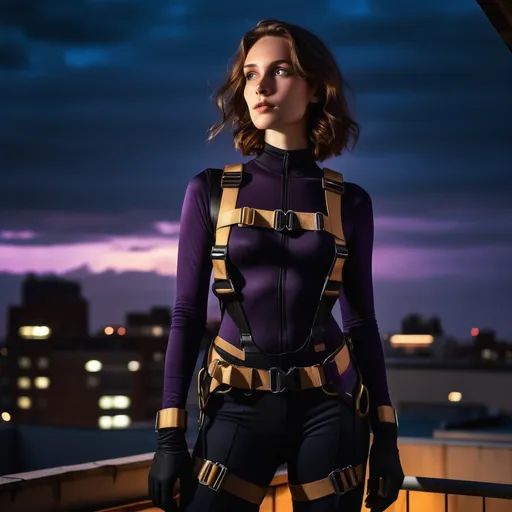 Prompt: Noir-inspired. Medium shot. A slender young woman with brown hair and high cheekbones stands on a rooftop at night, wearing a black body suit, utility belt, and a climbing harness. Low-angle shot. Moody, deep blues and purples contrasting with warm golden lighting. Detailed textures on her suit and harness, with subtle glow on her utility belt. Rooftop's edge blurred, with city lights shining in the background. High contrast, cinematic lighting, 8k resolution, highly detailed, Artstation-worthy, Unreal Engine 5, dark fantasy, fantasy concept art, atmospheric, mystical, high-tech gadgetry, intricate details, trending art style.