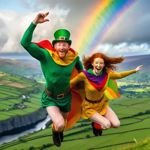 Prompt: Two superheroes are flying over the green valleys of Ireland.

One is a darkhaired man is dressed in a golden leprechaun outfit, flying in the sky above the green valleys of Ireland. Rainbows appear in his wake. He is Rainbow.

The other is a slender young woman with wild red hair and lots of freckles all over her body. She is wearing a green bodysleeve that has a silhoutte of a shamrock on her chest.  She is Irish Spring.