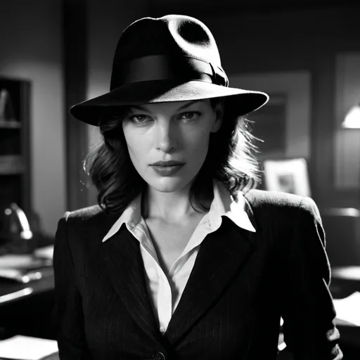 Prompt: milla jovovich, film noir detective, wearing fedora, darkened office