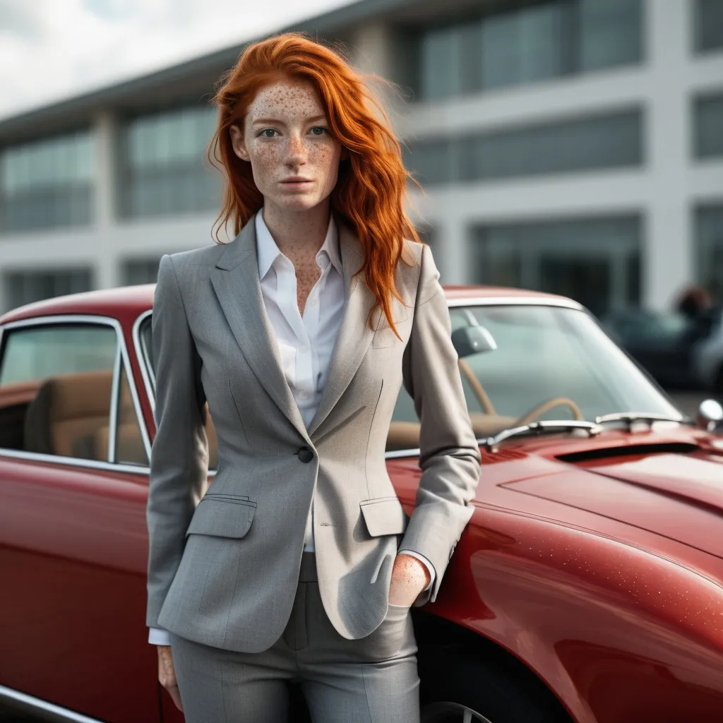 Prompt:  a slender young woman with wild red hair and lots of freckles all over her body. She is the new 007, wearing a business suit and leaning against a Porche.