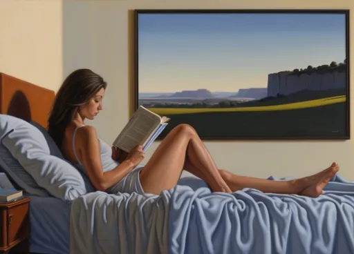 Prompt: a woman laying on a bed reading a book in front of a painting of a landscape on the wall, David Ligare, figurative art, syd meade, a fine art painting