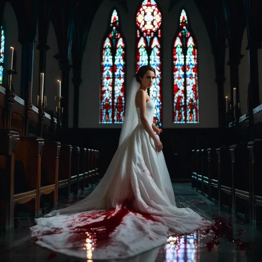 Prompt: <mymodel> young woman in a blood-spattered wedding dress stands in a darkened gothic church. Dark and mysterious atmosphere.