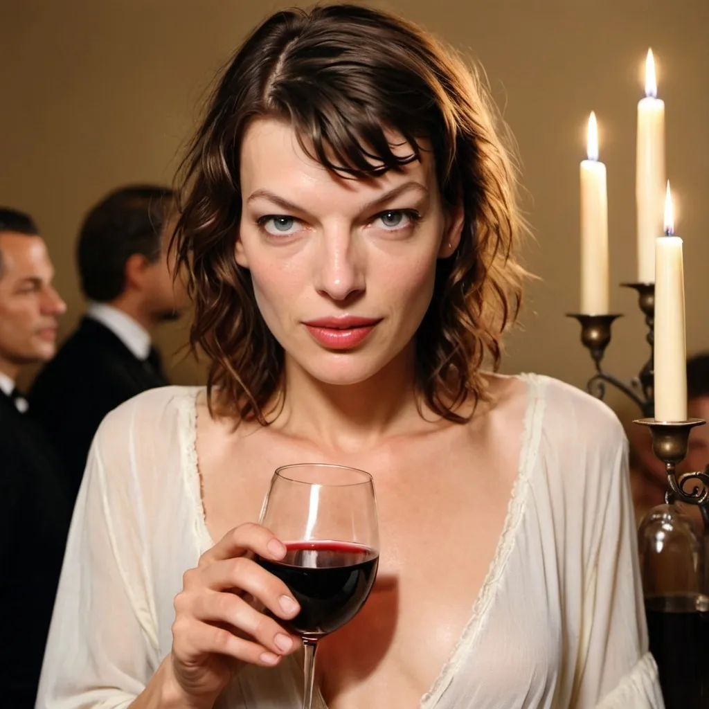 Prompt: milla jovovich looking Jesus Christ, drinking wine