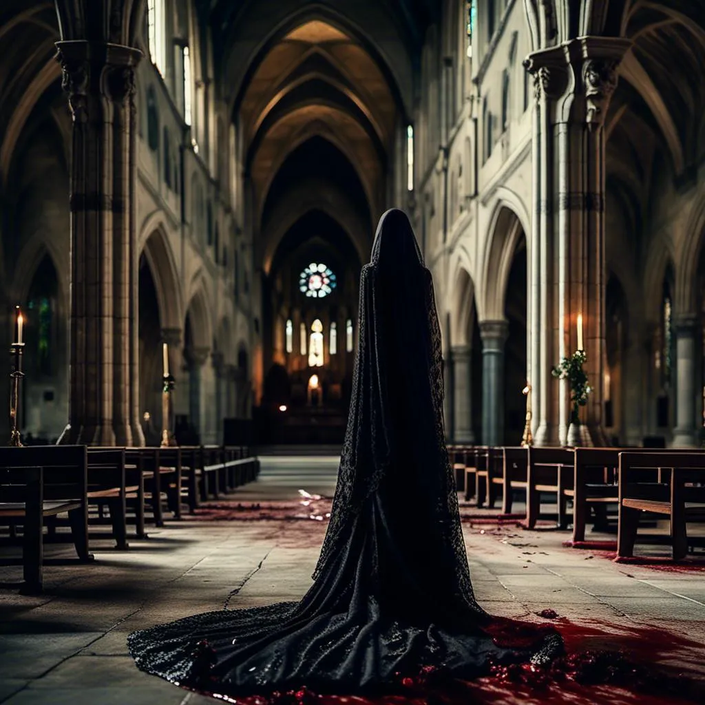 Prompt: <mymodel>(realism style), woman in a veil, blood-spattered wedding gown, darkened gothic church, presence of a demonic priest, dramatic shadows, eerie lighting, (dark color scheme), moody ambiance, hauntingly beautiful scene, richly detailed architecture, chilling atmosphere, ultra-detailed, captivating storytelling, mystique and foreboding tension.