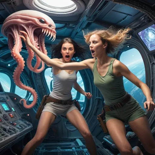 Prompt: young women fighting alien tentacles on spaceship