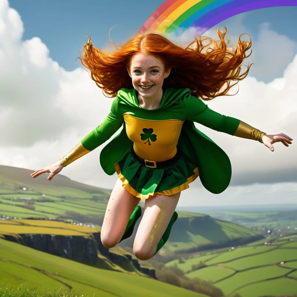 Prompt: A darkhaired man is dressed in a golden leprechaun outfit, flying in the sky above the green valleys of Ireland. Rainbows appear in his wake. With him is a She is a slender young woman with wild red hair and lots of freckles all over her body. She is superhero Irish Spring. She has a silhoutte of a shamrock on her chest. 