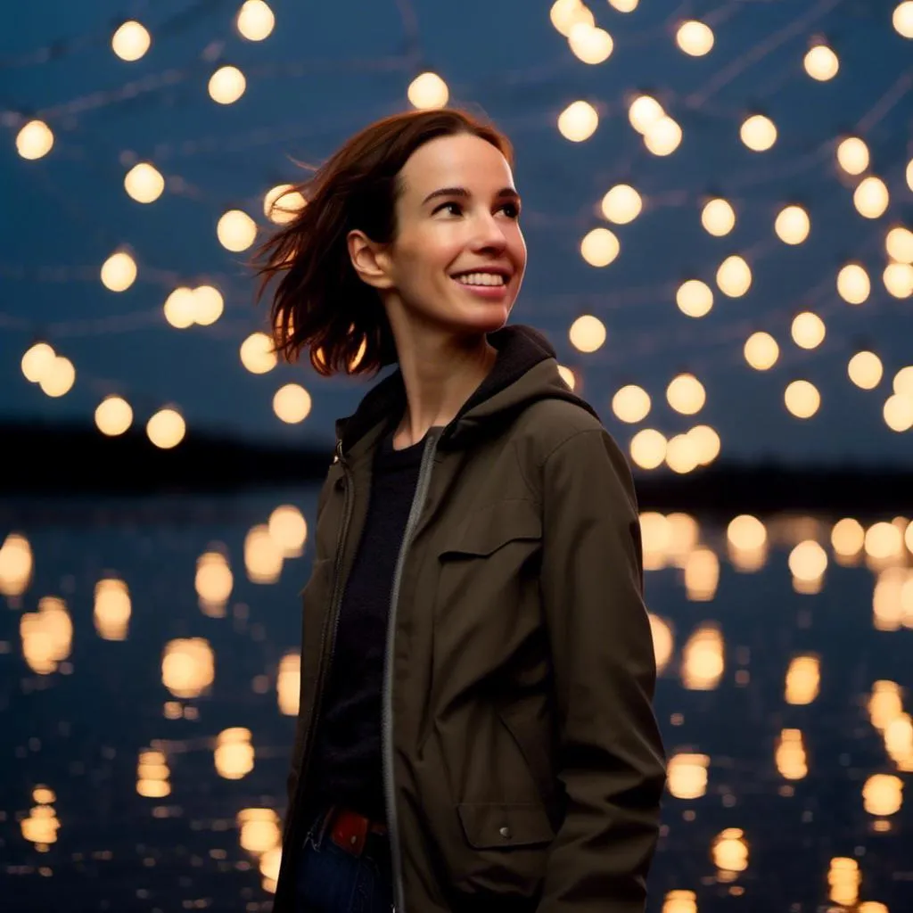 Prompt: <mymodel> is standing on the edge of oblivion, a dark chasm filled with sparkling lights. A stormy sky is overhead. She is smiling and waving goodbye to the viewer.