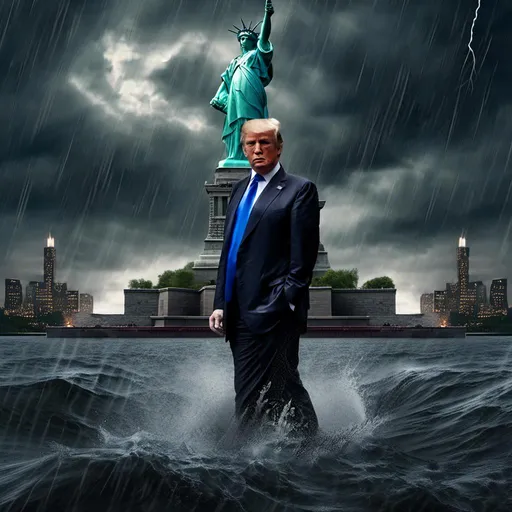 Prompt: <mymodel>(misc-macabre style), (Puddles the Evil Clown) (Donald Trump), sword fight, (Statue of Liberty) backdrop, stormy sky, dramatic lighting with lightning streaks, dark color scheme, intense atmosphere, turbulent clouds, fierce expressions, cinematic composition, high detail, (ultra-detailed), (dynamic action), dark tones of blue and grey, electric contrasts.