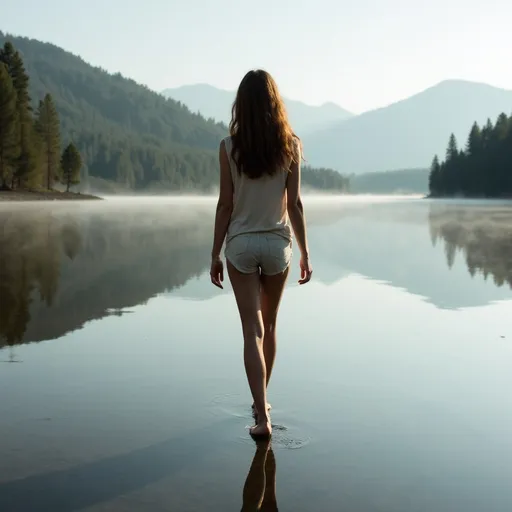 Prompt: She is walking barefoot on the surface of the lake.