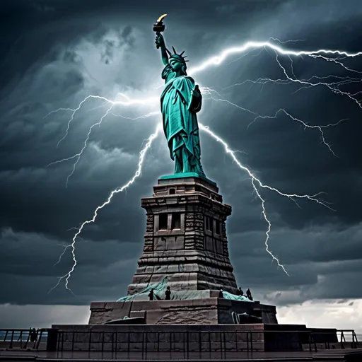 Prompt: <mymodel>(misc-macabre style), (Donald Trump), sword fight, (Statue of Liberty) backdrop, stormy sky, dramatic lighting with lightning streaks, dark color scheme, intense atmosphere, turbulent clouds, fierce expressions, cinematic composition, high detail, (ultra-detailed), (dynamic action), dark tones of blue and grey, electric contrasts.