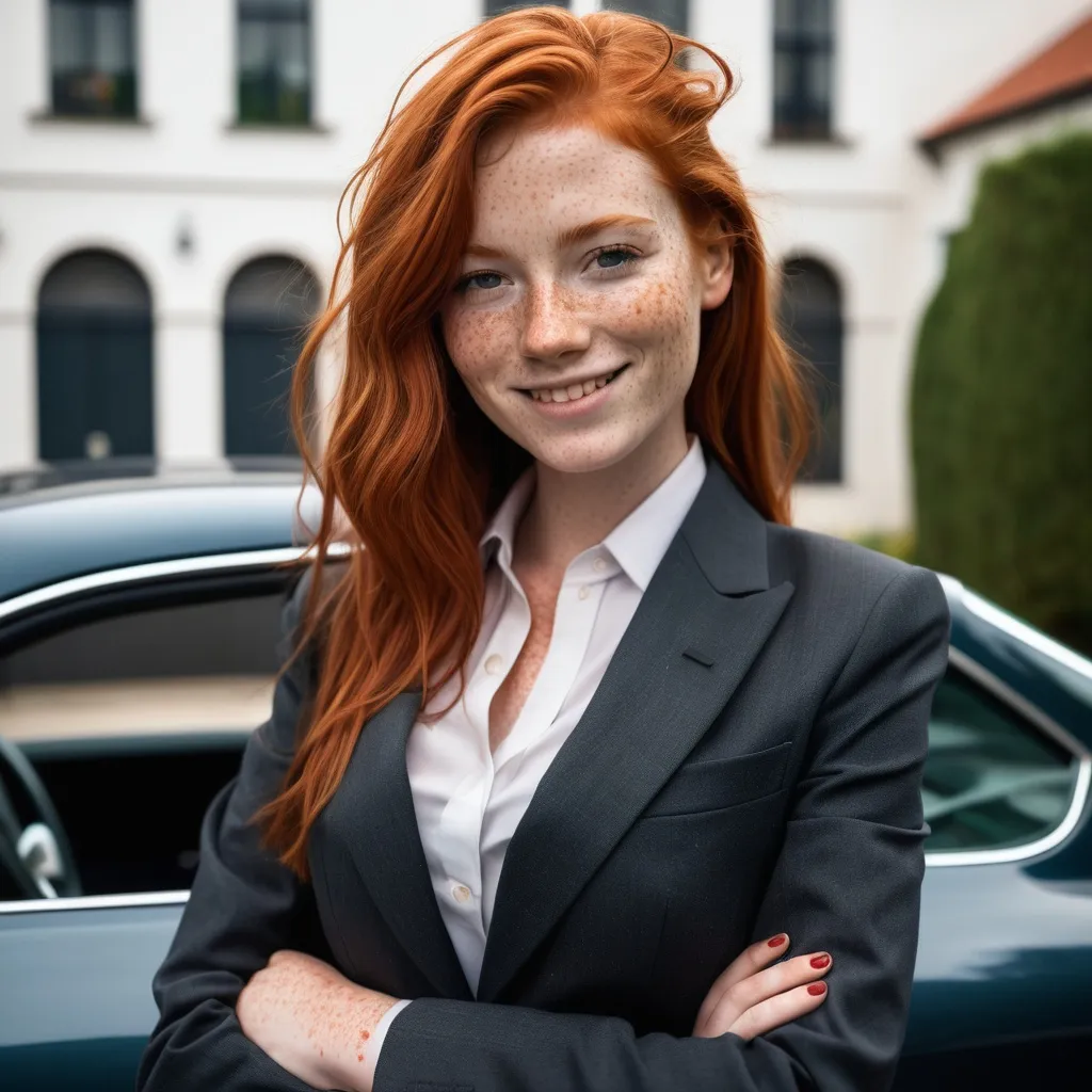 Prompt:  a slender young woman with wild red hair and lots of freckles all over her body. She is the new 007, wearing a woman's business suit and leaning against a Porche, smiling slightly.