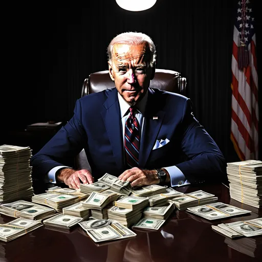 Prompt: Joe Biden is the Big Guy, sitting behind a desk in a darkened office. A single light shines from an out-of-frame source, causing sinister shadows. He is the leader of a sinister criminal organization. Piles of blood-stained cash and cocaine is on the desk.