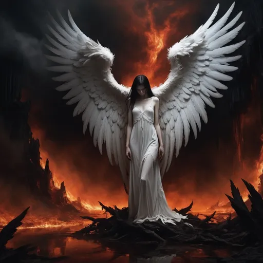 Prompt: (misc-macabre style), a thin young female angel with (gigantic white feathery wings), embracing one of the damned in (Hell), dark color scheme with deep shadows, eerie ambiance, dramatic contrasts, high detail, a surreal landscape of fiery backgrounds and tortured souls, captivating emotions of despair and compassion, ultra-detailed, inviting melancholic reflections.