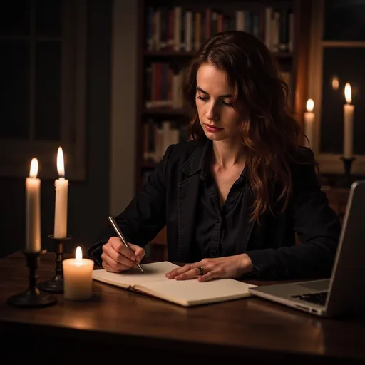 Prompt: Valeska is writing notes on a legal pad while an open laptop computer stands nearby on the desk. She is in a darkened arcane study with candles providing the only llight.