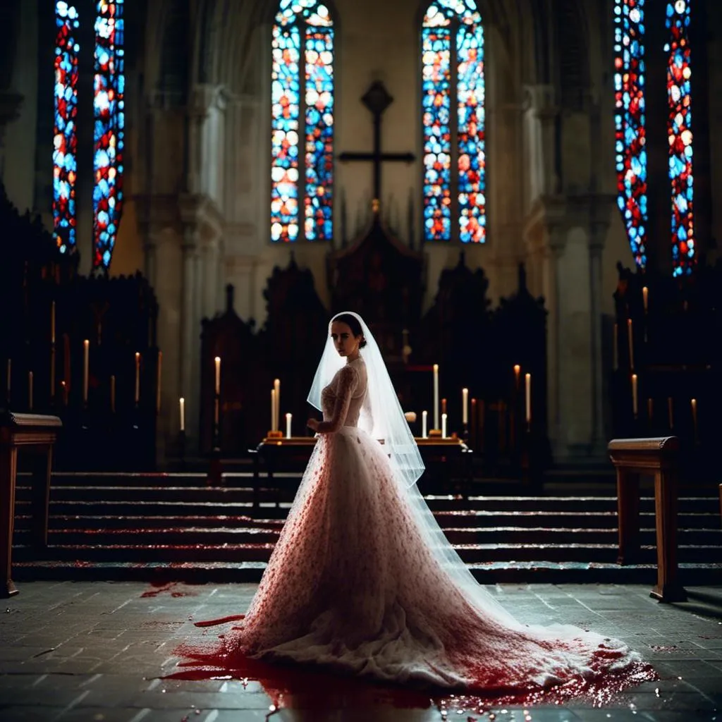 Prompt: <mymodel>woman in a blood-spattered wedding dress stands in a darkened gothic church. Dark and mysterious atmosphere.