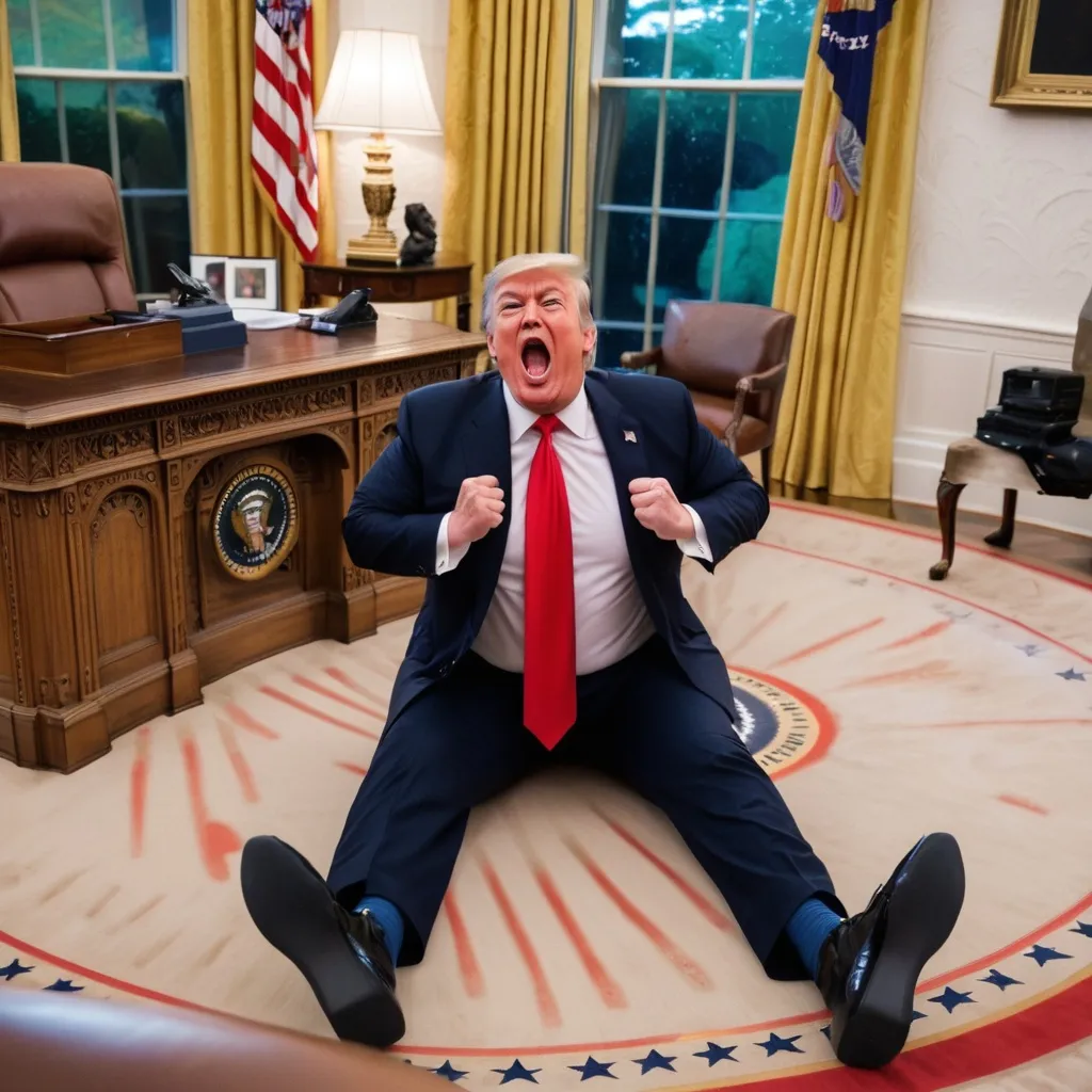 Prompt: Donald Trump is laying on his stomach on the floor of the Oval Office, kicking and screaming and beating his fists on the floor as he throws a temper tantrum and cries like a baby. He is completely lost in hysterical rage.