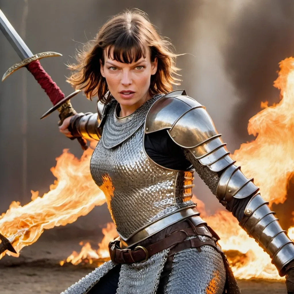 Prompt: Milla Jovovich wearing chainmail armor, flaming sword, fighting monster