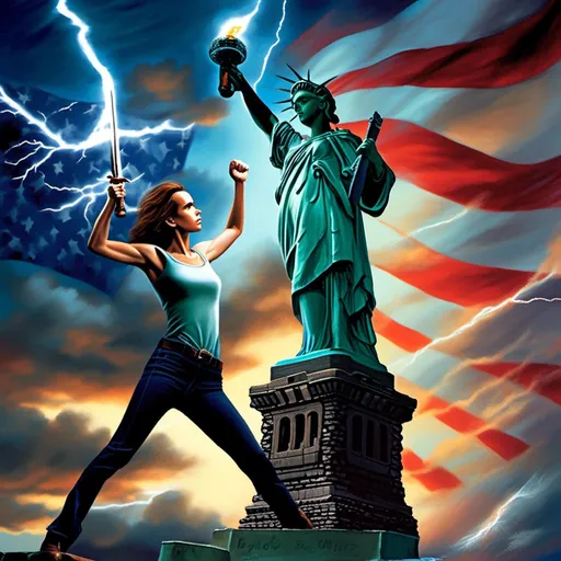 Prompt: <mymodel>(Donald Trump)  and (my model) fight each other with swords on top of the Statue of Liberty. A storm rages overhead and lightning pierces the dark night.