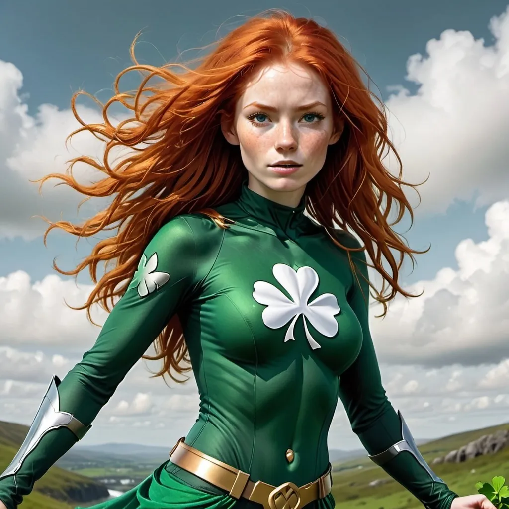 Prompt: She is a slender young woman with wild red hair and lots of freckles all over her body. She is superhero Irish Spring. She has a silhoutte of a shamrock on her chest. She is flying through the sky, high above the green valleys of Ireland.