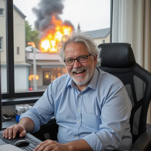 Prompt: A heavy middle-aged man with messy white hair, glasses, and a beard and mustache is sitting at his desk, in front of a computer, cheering happily. He is wearing a light blue dress shirt. Outside the window, a house can be seen exploding across the street. 