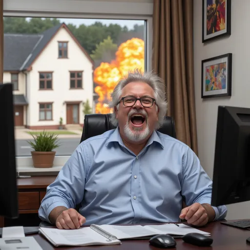 Prompt: A heavy middle-aged man with messy white hair, glasses, and a beard and mustache is sitting at his desk, in front of a computer, cheering happily. He is wearing a light blue dress shirt. Outside the window, a house can be seen exploding across the street. 