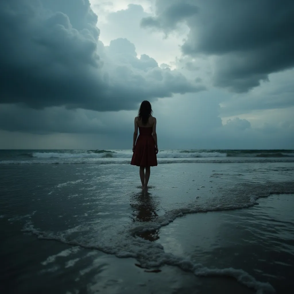 Prompt: She is walking on the water's surface under a stormy sky.