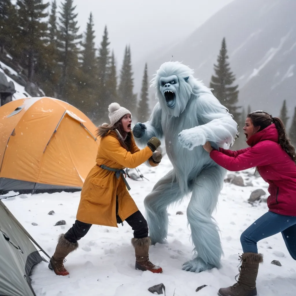 Prompt: Yeti fighting young women in mountain camp during snowstorm