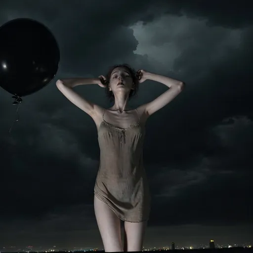 Prompt: a thin young woman in a short nightie has been hanged by the neck from a dozen or more floating balloons. She floats, limp and dead, over the deserted night streets, her head titled downward. Her head is twisted left at an unnatural angle due to her broken neck. Strings are wrapped around her neck and throat. Stormclouds roil in the sky overhead