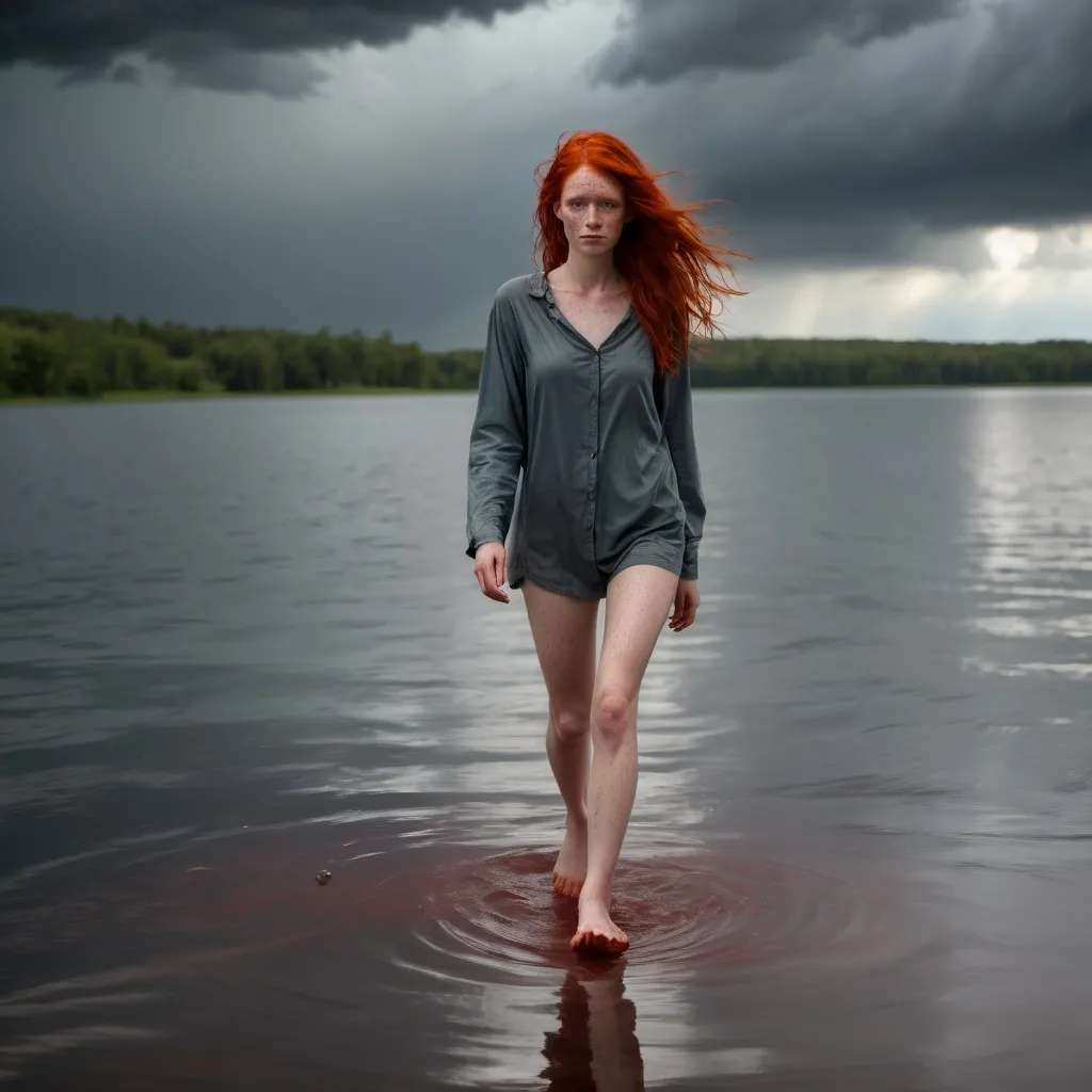 Prompt: She is a slender young woman with wild red hair and lots of freckles. She is walking barefoot on the lake's surface under a stormy sky.