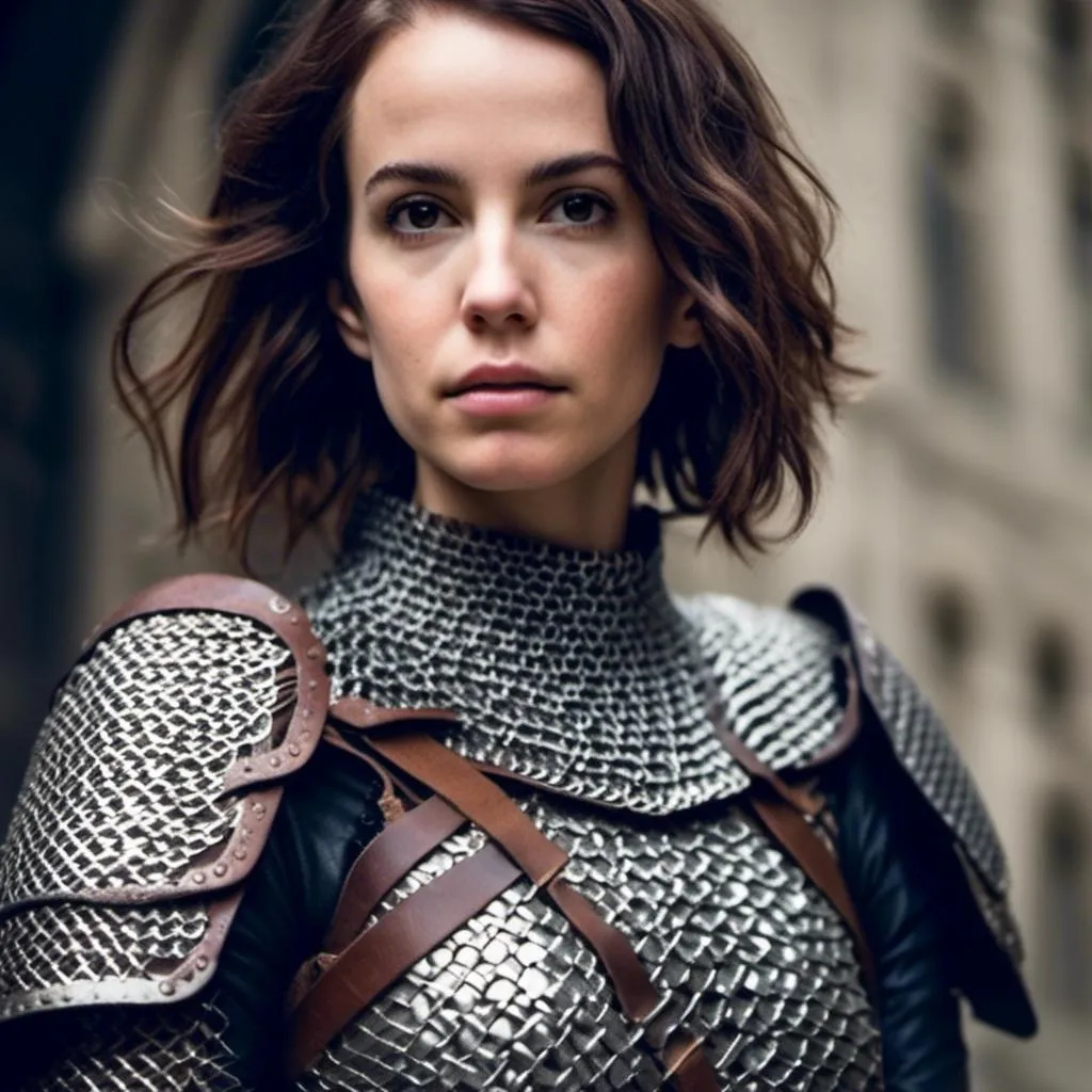 Prompt: <mymodel> young woman wears chain mail armor, leather gloves, and flatheeled thigh high leather boots. She has a dagger strapped to her waist and a broadsword strapped to her back.