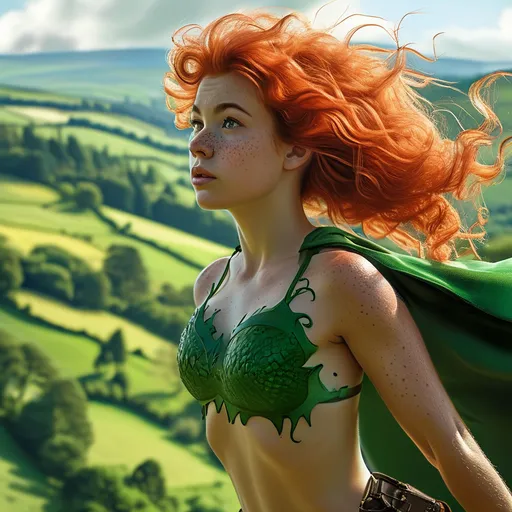 Prompt: She is a slender young woman with wild red hair and lots of freckles all over her body. She is superhero Irish Spring. She has a silhoutte of a shamrock on her chest. She is flying through the sky, high above the green valleys of Ireland.