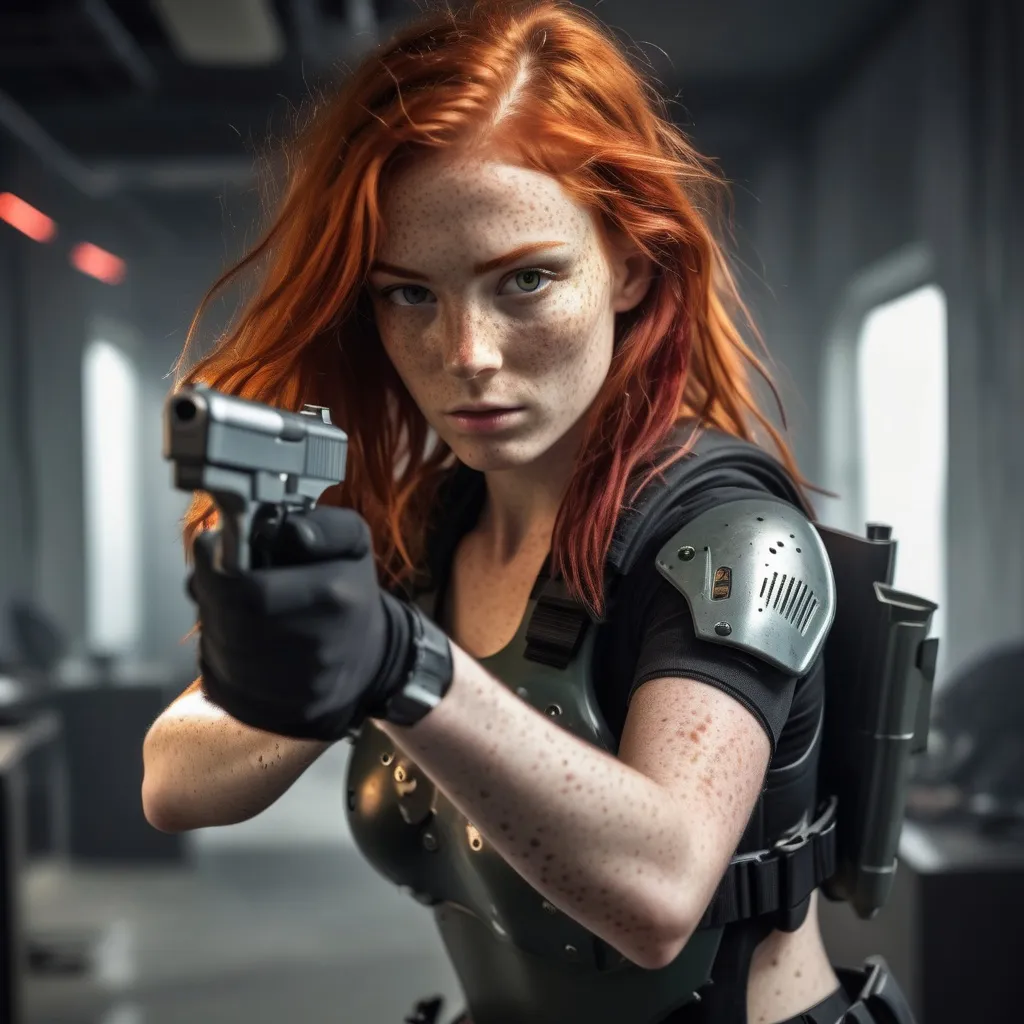 Prompt:  a slender young woman with wild red hair and lots of freckles all over her body. She is the new 007, wearing body armor and aiming an automatic handgun at the viewer.