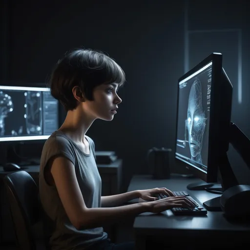 Prompt: a person with short hair sits in front of a computer in a dark room, the only light coming from the monitor. It's hard to tell if the person is a male or female. There is a mysterious air about the scene. He or she is generating AI art.