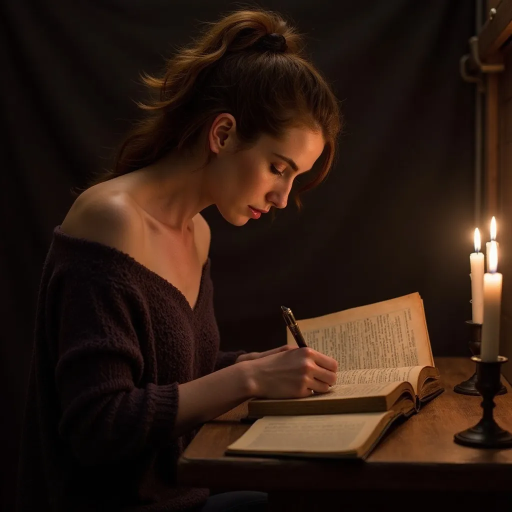 Prompt: Valeska is reading an ancient spellbook and taking notes. She is in a darkened arcane study with candles providing the only llight.