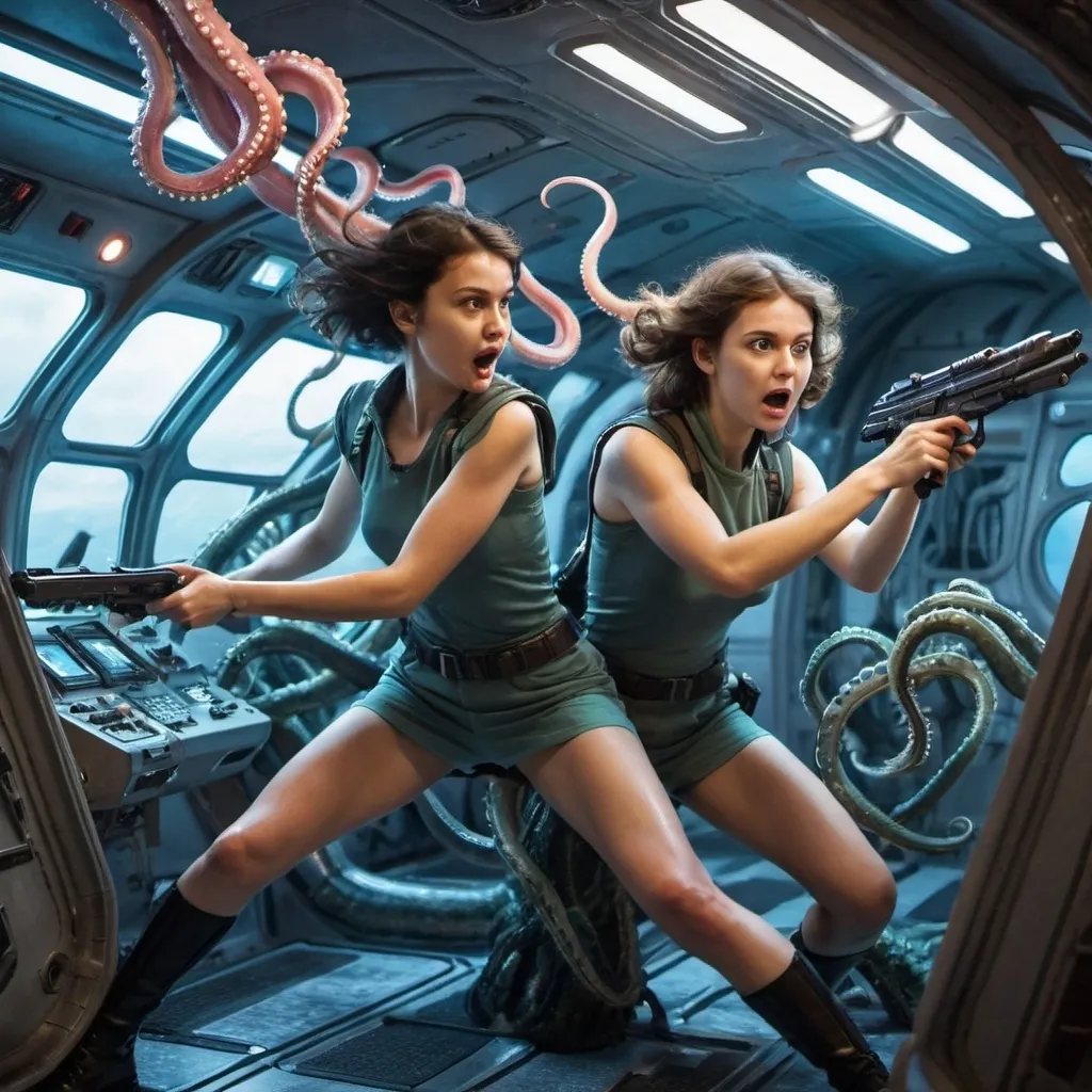 Prompt: young women fighting alien tentacles on spaceship