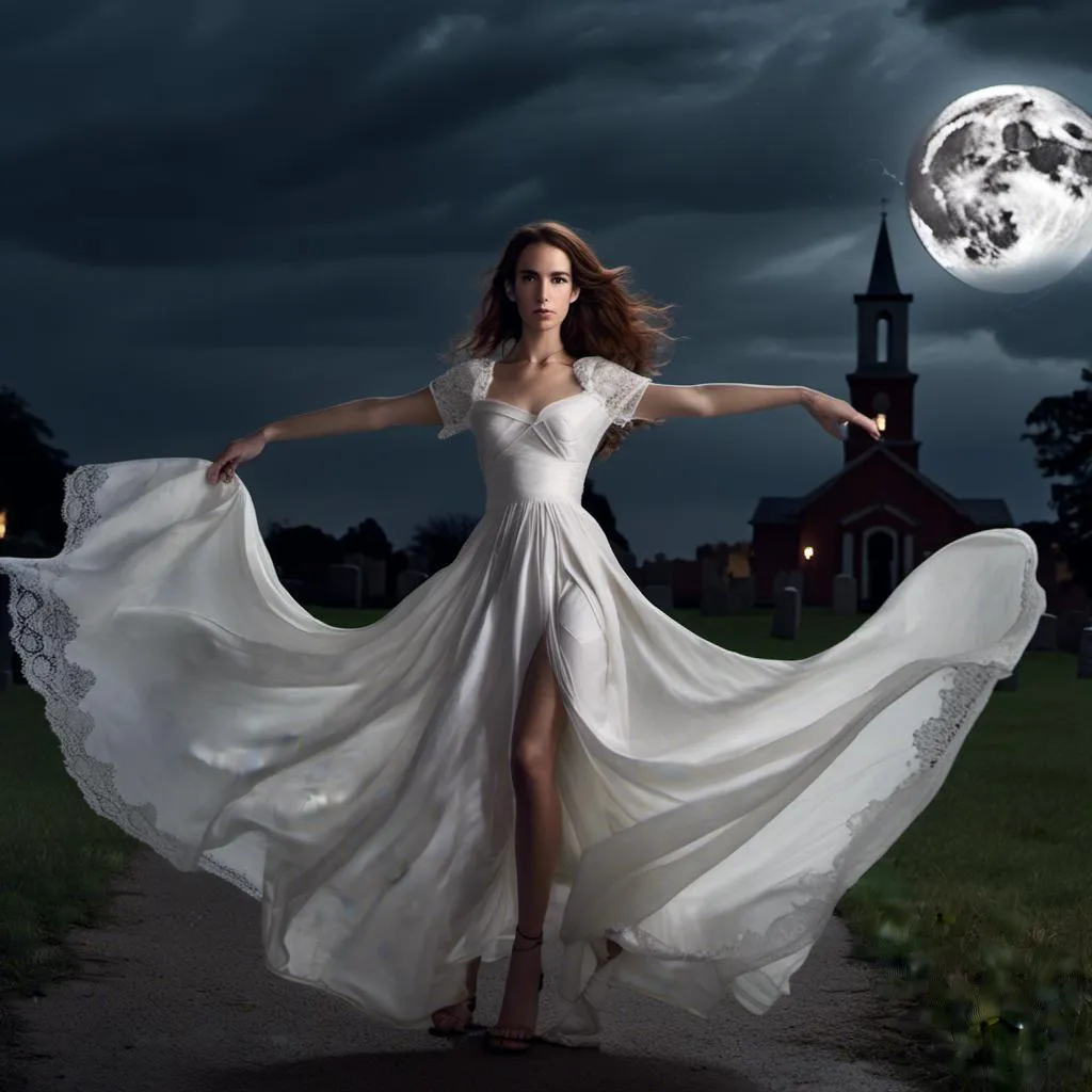 Prompt: <mymodel> young woman, in a high slit evening gown with a lace front and a collar, waltzes with a handsome demon in a churchyard under the full moon and storm clouds. He has large curved horns.