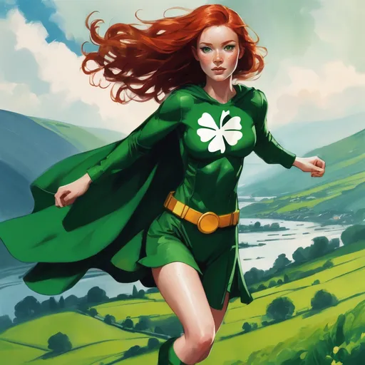 Prompt: She is a slender young woman with wild red hair and lots of freckles all over her body. She is superhero Irish Spring. She has a silhoutte of a shamrock on her chest. She is flying through the sky, high above the green valleys of Ireland.