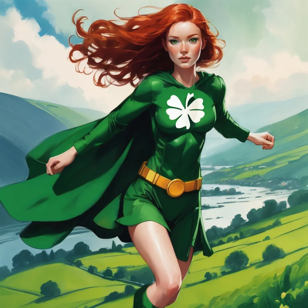 Prompt: She is a slender young woman with wild red hair and lots of freckles all over her body. She is superhero Irish Spring. She has a silhoutte of a shamrock on her chest. She is flying through the sky, high above the green valleys of Ireland.