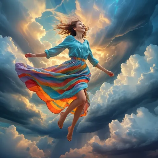 Prompt: (surrealism style), vibrant colors, (expressions of pure joy), thin young woman flying above storm clouds, loose strips of clothing lightly flowing in the wind, expansive sky filled with dramatic cloud formations, glowing light peeking through the clouds, enchanting atmosphere, dreamlike quality, ultra-detailed, high definition, whimsical elements blending sky and fantasy.