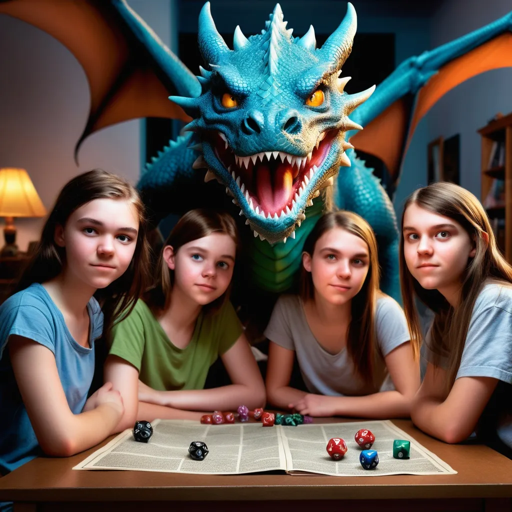 Prompt: She is playing D&D with her best friends. They are modern teenagers, but a dragon lurks in the background.