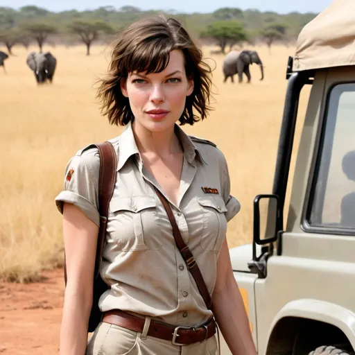 Prompt: milla jovovich on safari