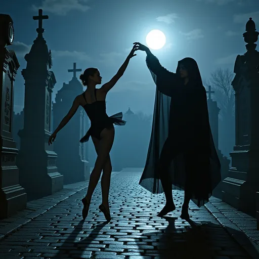 Prompt: She is wearing tights, halter top, and pointe shoes and dancing with the Death the Grim Reaper.