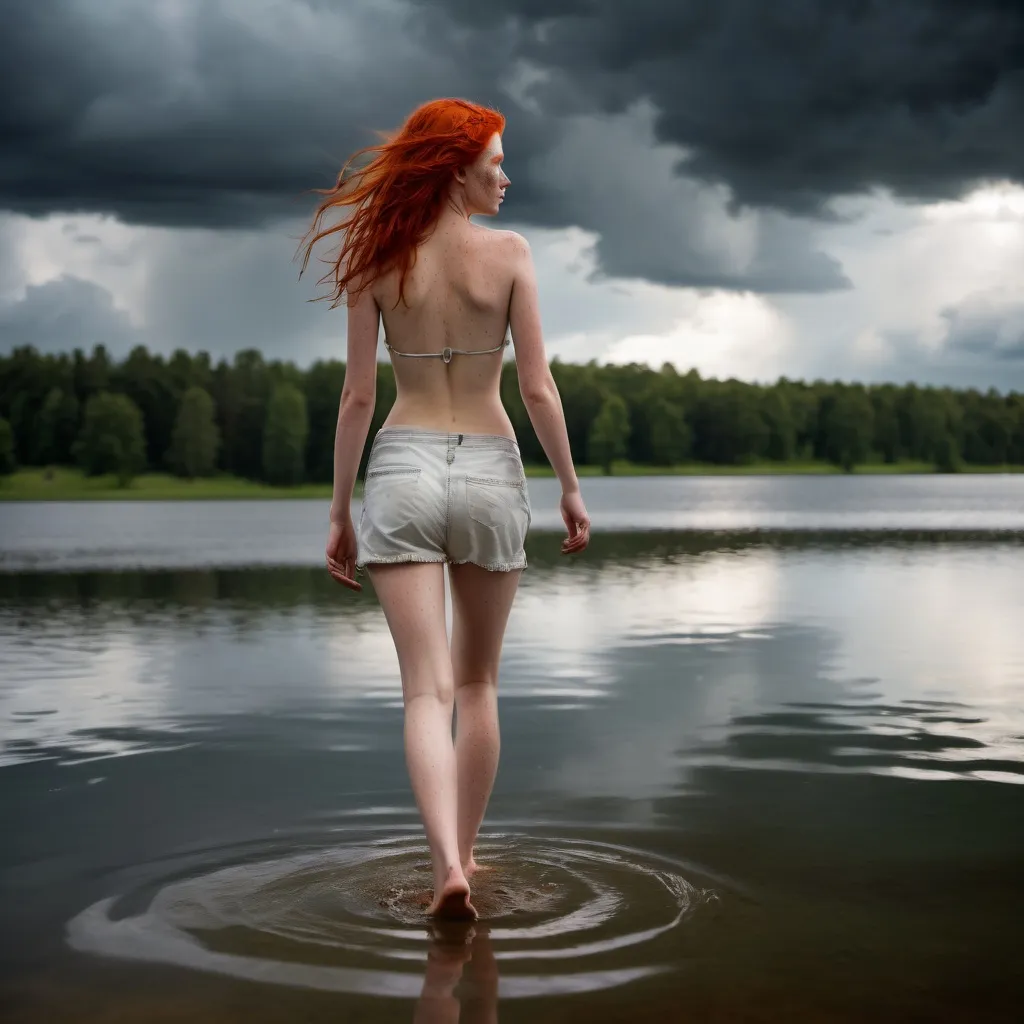 Prompt: She is a slender young woman with wild red hair and lots of freckles. She is walking barefoot on the lake's surface under a stormy sky.