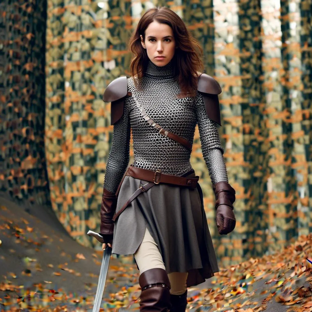 Prompt: <mymodel> young woman wears chain mail armor, leather gloves, and flatheeled thigh high leather boots. She has a dagger strapped to her waist and a broadsword strapped to her back.