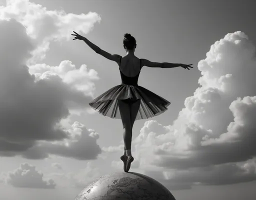 Prompt: black and white, ballet dancer in a leotard and pointe shoes is dancing on the top of a world globe