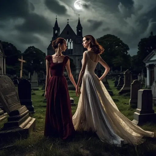 Prompt: <mymodel> young woman, in a high slit evening gown with a lace front and a collar, waltzes with werewolf in a churchyard under the full moon and storm clouds.