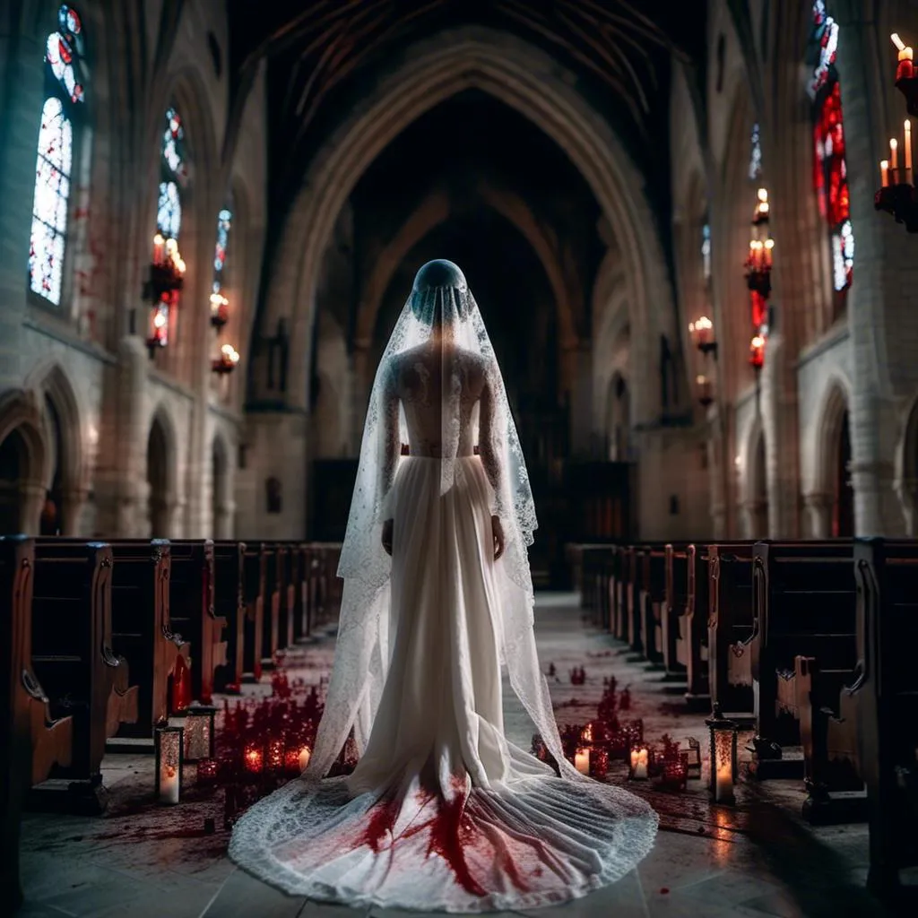 Prompt: <mymodel>woman in a veil and a  blood-spattered wedding gown stands in a darkened gothic church before a demonic priest. Dark and mysterious atmosphere.